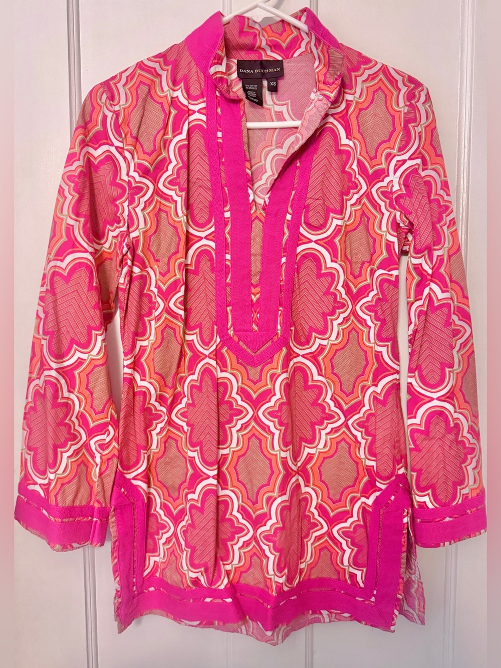 Vintage Dana Buchman Women’s XS 90s Pink Orange Geometric Mod Retro Tunic Top